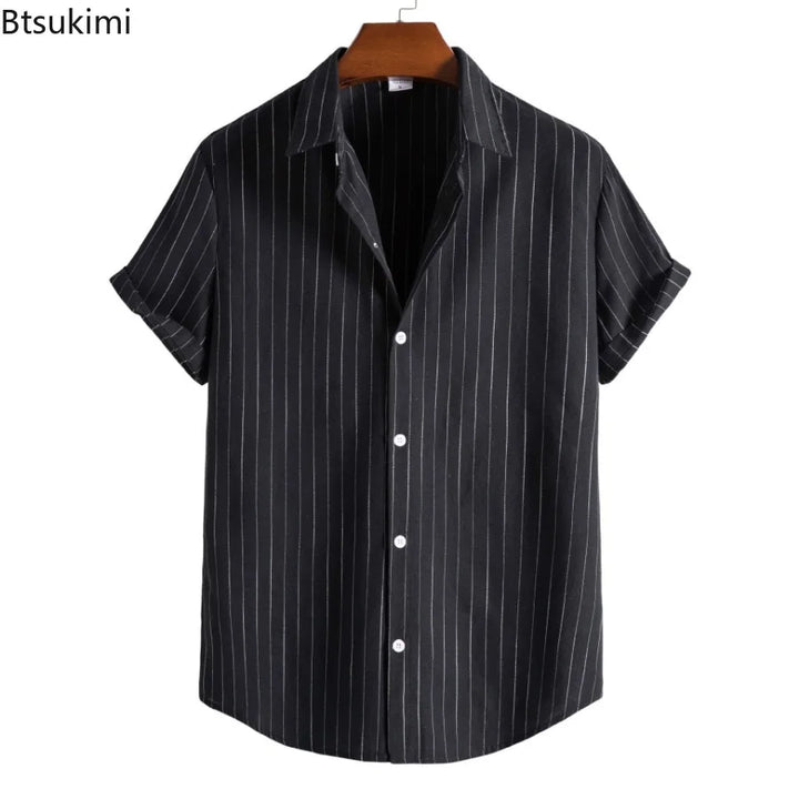 2026 Men's Striped Shirts Fashion Holiday Style Short Sleeve Casual Shirts Comfortable Loose Street Tops Men Summer Basic Shirts