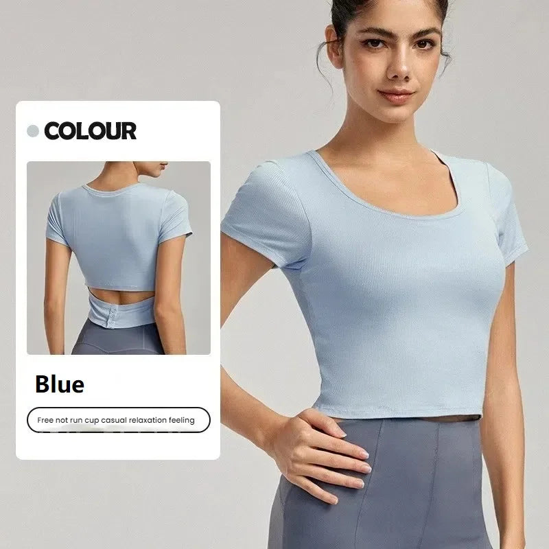 High-End Yoga Top for Women Summer Fitted Sports Short-Sleeve T-shirt Breathable Anti-Slip Cup Design
