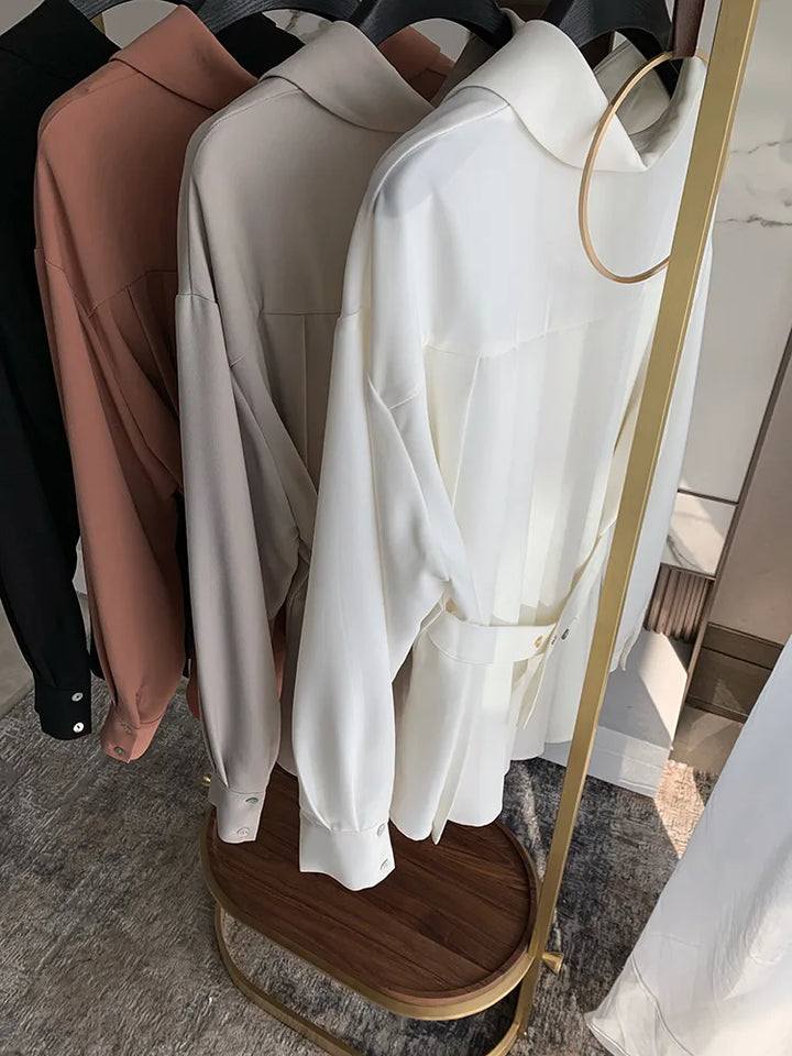 Elegant Women Shirts Woman Waist Long Sleeve Lapel Single Breasted Sashe Shirt Office Lady Business Pleated Ruched Blouses Tops