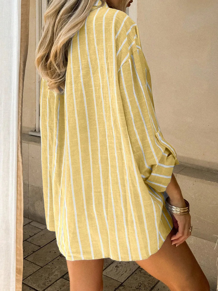 2026 Casual Loose Striped Shirts for Women Spring Summer Fashion Vintage Lapel Long Sleeve Tops Ladies Elegant Versatile Blouses
