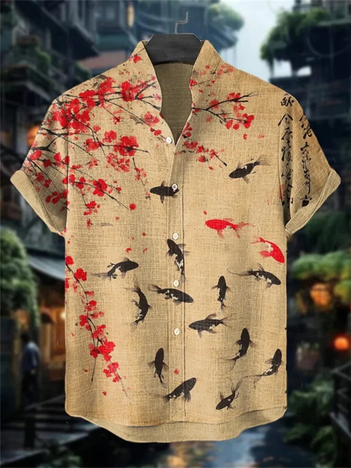 Men's Fashionable Stand-Up Collar Short-Sleeved Button-Up Cardigan Linen Breathable Hawaiian Beach Comfortable Shirt