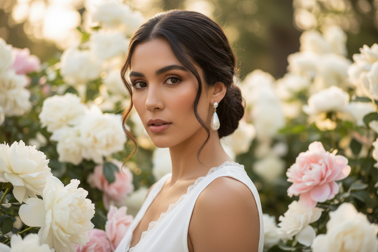 Close-up of a young woman with medium skin tone and dark hair tied in a low bun, wearing elegant pearl earrings and a delicate white sleeveless top, standing in a lush garden with white and soft pink flowers. Soft natural sunlight, warm and dreamy atmosphere, shallow depth of field, realistic, high-resolution, fashion photography style, elegant and serene mood