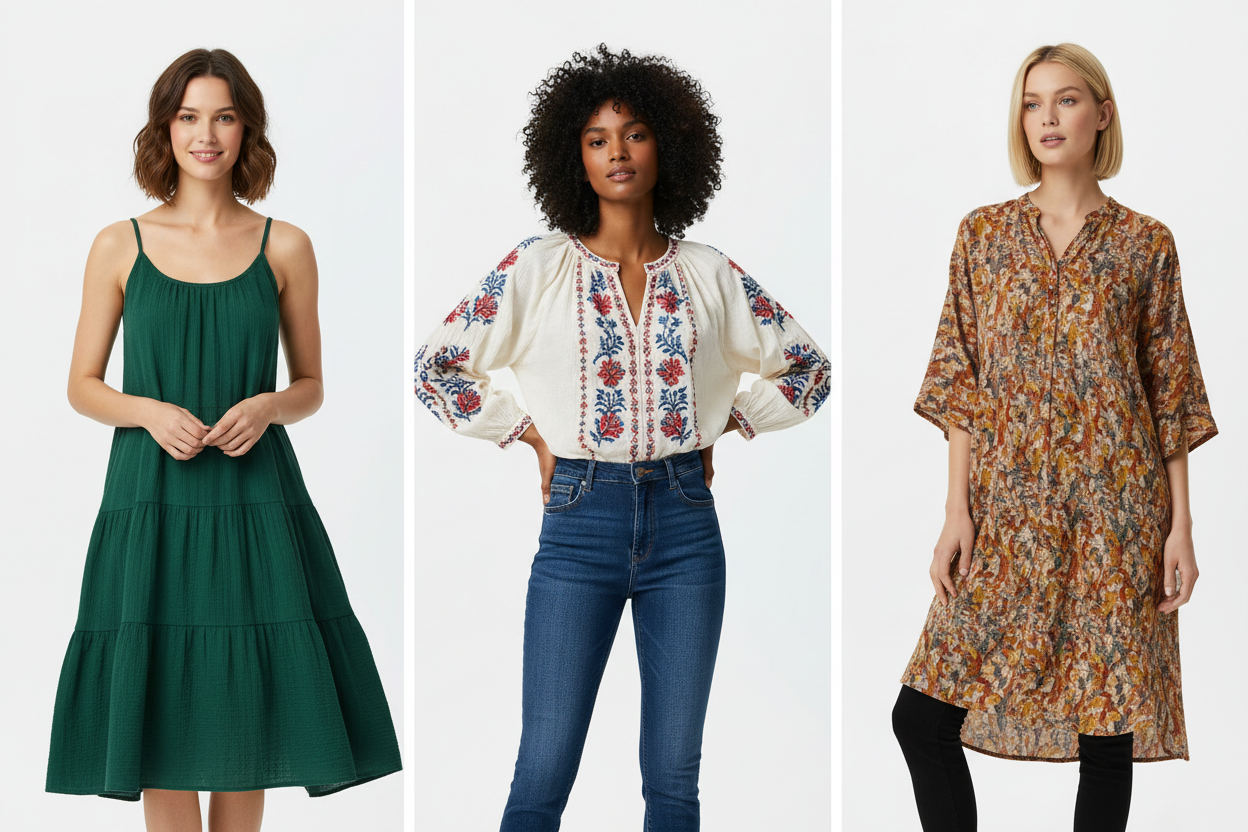 E-commerce fashion collection image featuring women’s dresses, tops, and tunics, each modeled individually against a clean white background. Front-facing poses, soft studio lighting, true-to-color fabrics, consistent framing, modern Shopify catalog style, high resolution, no text, no logos.