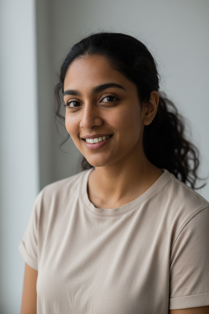 Realistic lifestyle portrait of a different female customer each time, wearing a casual neutral-colored T-shirt. Natural everyday look, soft fabric, relaxed fit. Random ethnicity, random face features, natural skin texture. Candid pose, slight smile, authentic customer vibe. Soft natural lighting, clean minimal background (light gray, beige, or white). Upper-body crop, modern e-commerce testimonial style. High-resolution, photorealistic, no repeated faces, no models, genuine customer review photo.