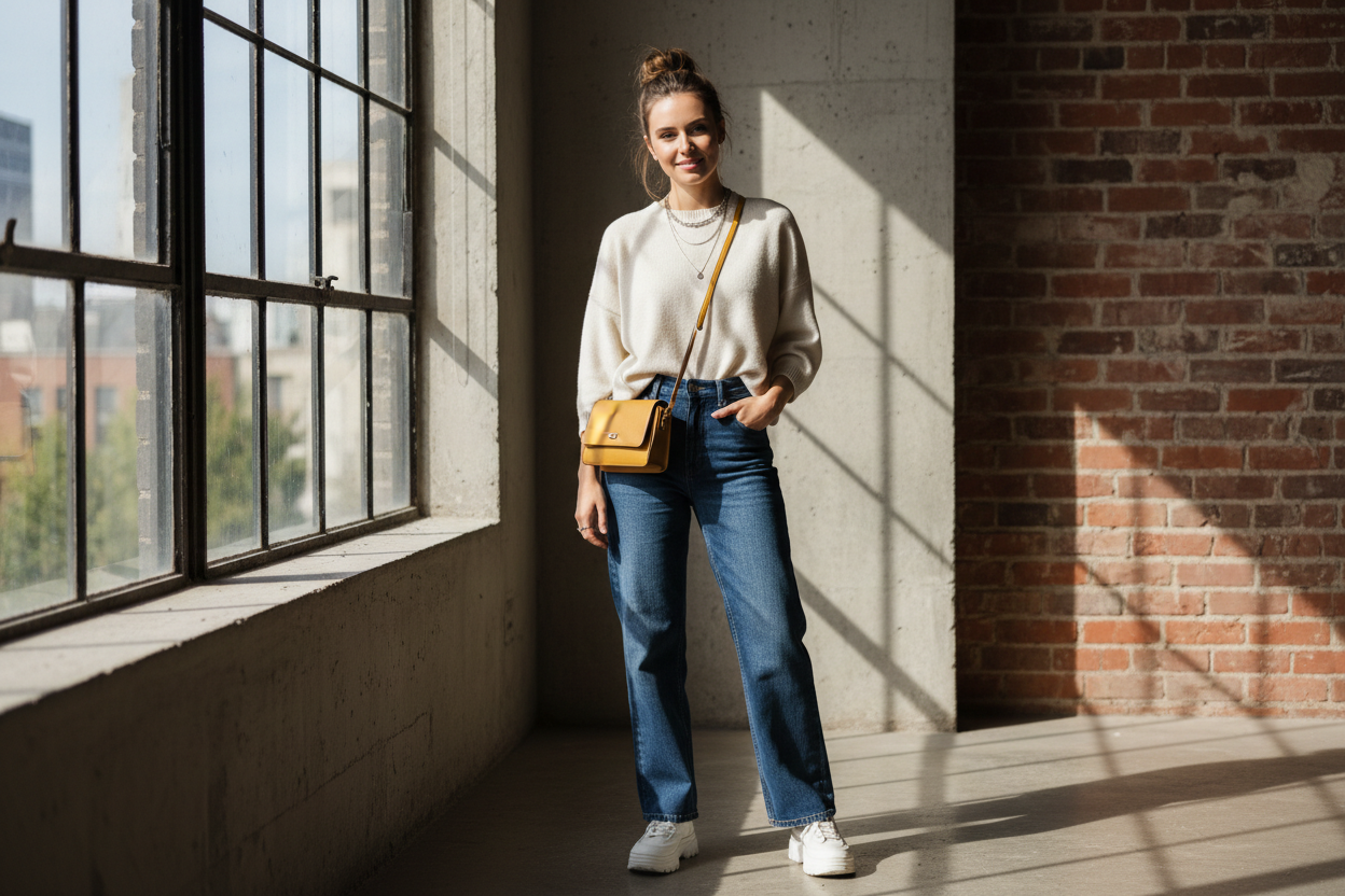 Ultra-realistic lifestyle fashion photo of a confident young woman standing beside a large industrial window, natural daylight, soft shadows, urban textured wall background, modern casual outfit, cinematic composition, shallow depth of field, professional editorial style, photorealistic, sharp focus, 4K ultra-HD, no text, no logo, no watermark.
