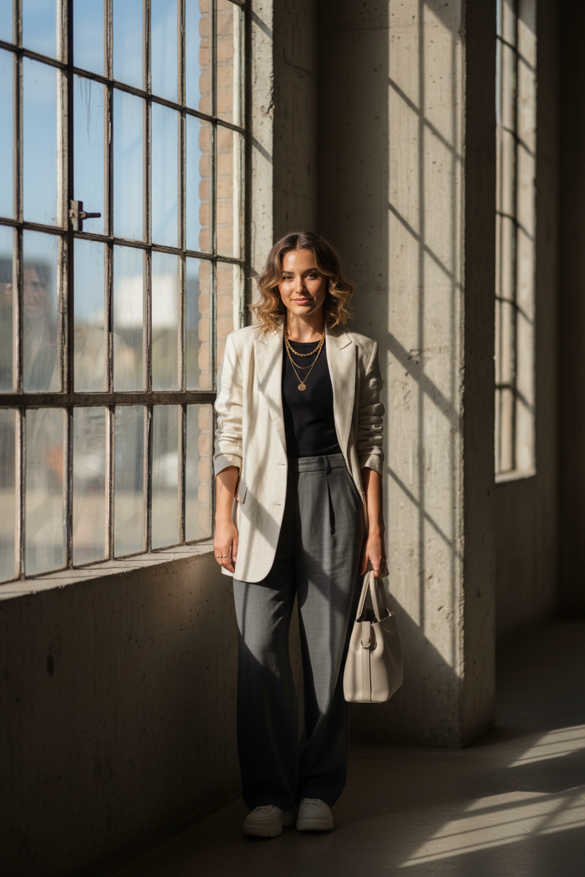 Ultra-realistic lifestyle fashion photo of a confident young woman standing beside a large industrial window, natural daylight, soft shadows, urban textured wall background, modern casual outfit, cinematic composition, shallow depth of field, professional editorial style, photorealistic, sharp focus, 4K ultra-HD, no text, no logo, no watermark. make it fit in frame and 4k hd